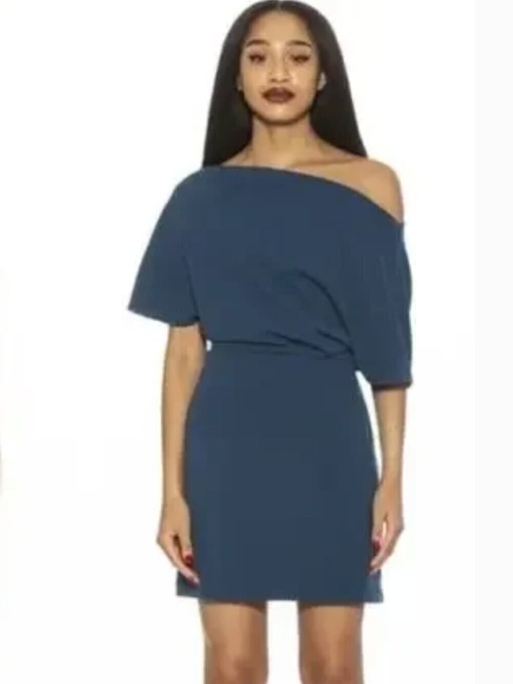 Alexia Admor Suri Dress Draped One Shoulder Short Sleeve Mini Navy Blue XS